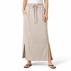 QIXING Stretch Poly Modal Blend Maxi Skirt in Beige Side Pockets Slits at Hem 2X